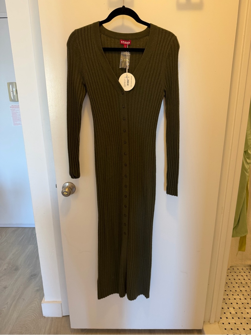 STAUD Olive Ribbed Button-Down V-Neck Long-Sleeve Midi Dress